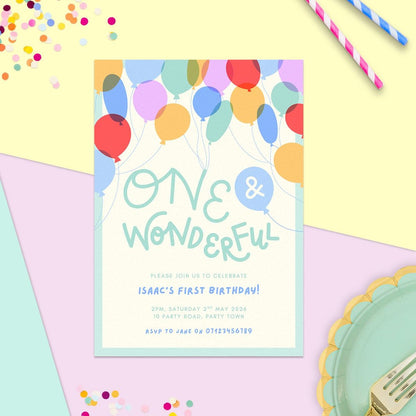 1st Birthday Invitation Template, Balloons Party Illustration, Personalised, Digital Canva Download
