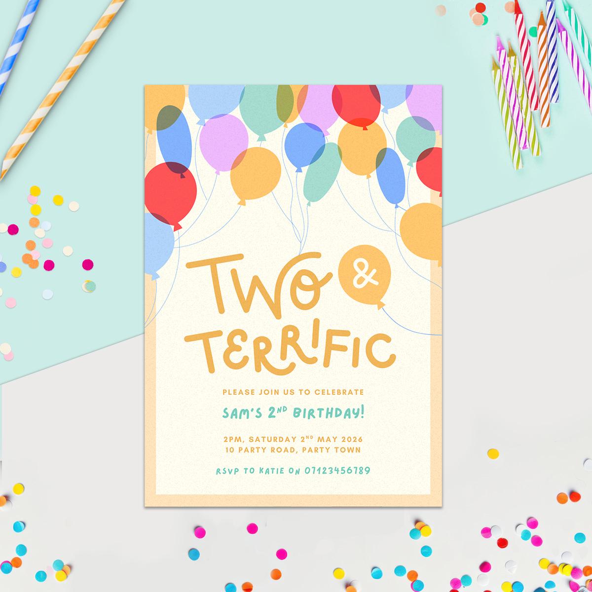 2nd Birthday Invitation Template, Colourful Balloon Illustrations, Digital Canva Download