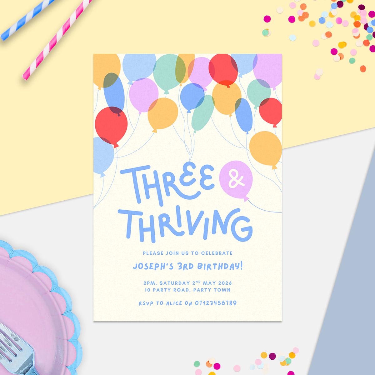 3rd Birthday Invitation Editable Canva Template, Colourful Balloons, Digital Download