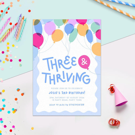 3rd Birthday Invitation Editable Canva Template, Colourful Balloons, Digital Download