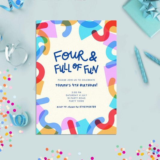 4th Birthday Invitation Editable Canva Template, Digital Download, Fun Retro Geometric, Gender Neutral