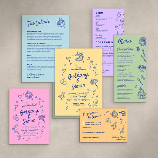 Illustrated Wedding Invitation Template Bundle, Retro Candy Coloured, Canva Editable, Digital Download