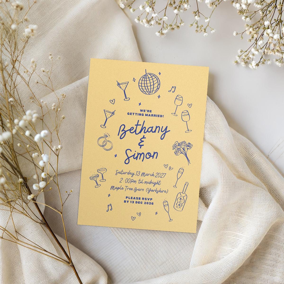 Illustrated Wedding Invitation & Details Card, Pastel Colour Block, Canva Template, Digital Download