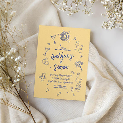 Illustrated Wedding Invitation & Details Card, Pastel Colour Block, Canva Template, Digital Download
