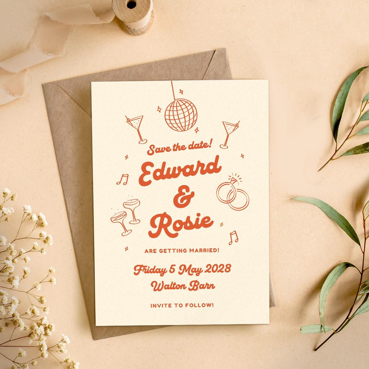 Mid Century Modern Save The Dates, City Pub Industrial Retro Wedding, Canva Editable, Digital Download