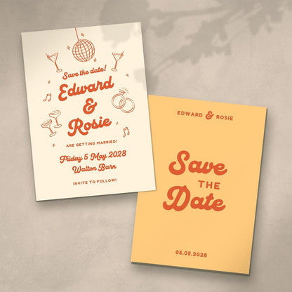 Mid Century Modern Save The Dates, City Pub Industrial Retro Wedding, Canva Editable, Digital Download