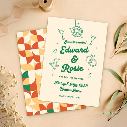 Mid Century Modern Save The Dates, City Pub Industrial Retro Wedding, Canva Editable, Digital Download