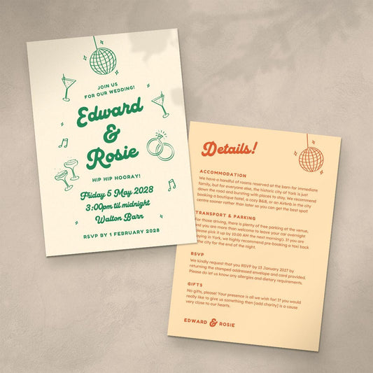 Retro Illustrated Wedding Invitation & Details Card, Mid Century Modern, Canva Template, Digital Download