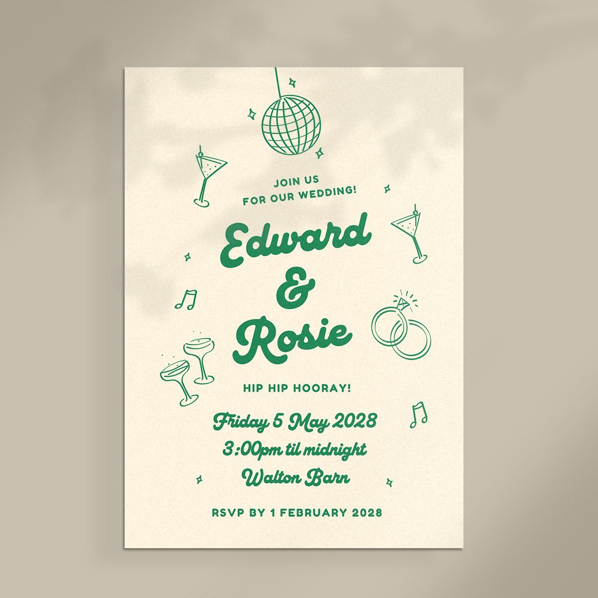 Retro Illustrated Wedding Invitation & Details Card, Mid Century Modern, Canva Template, Digital Download