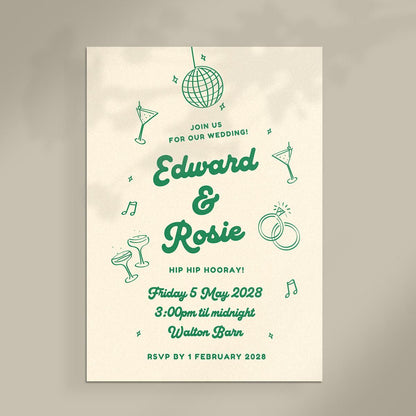 Retro Illustrated Wedding Invitation & Details Card, Mid Century Modern, Canva Template, Digital Download