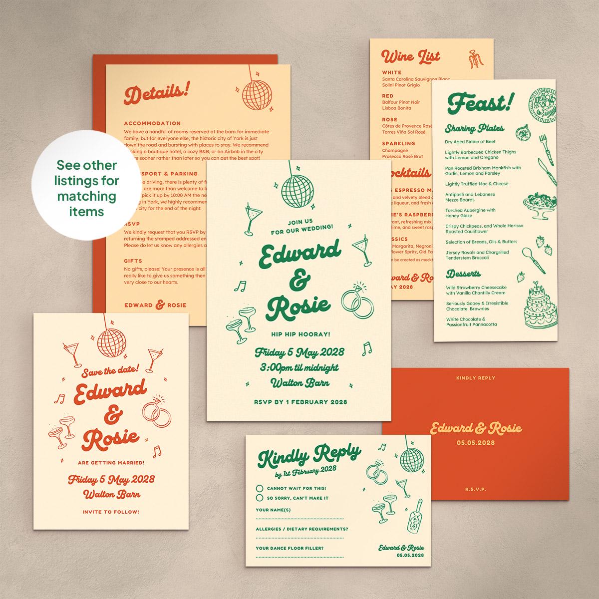 Illustrated Food and Drinks Menus, Cocktail Wine List, Retro Wedding, Canva Template Digital Download