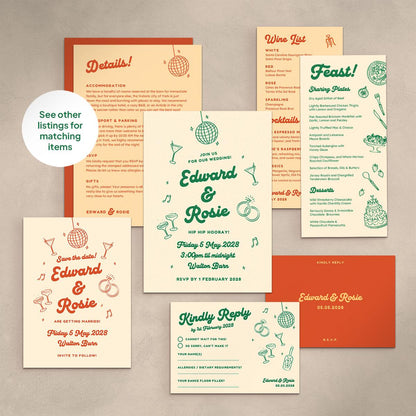 Illustrated Food and Drinks Menus, Cocktail Wine List, Retro Wedding, Canva Template Digital Download