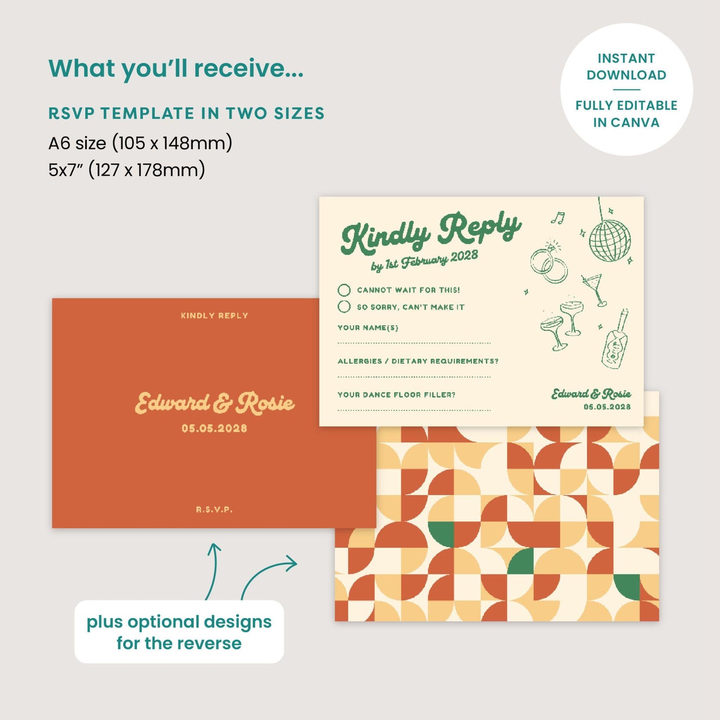 Mid Century Modern RSVP Card, Dance Floor Filler Reply Card, Terracotta Wedding, Digital Download, Vintage Vibe, Editable Canva Template