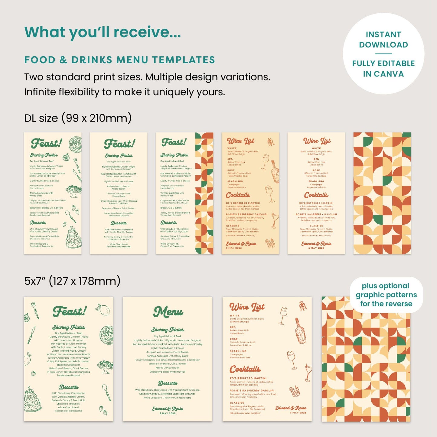 Illustrated Food and Drinks Menus, Cocktail Wine List, Retro Wedding, Canva Template Digital Download