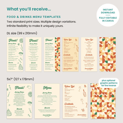 Illustrated Food and Drinks Menus, Cocktail Wine List, Retro Wedding, Canva Template Digital Download