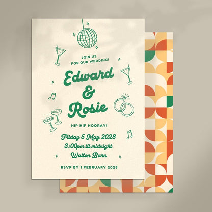 Retro Illustrated Wedding Invitation & Details Card, Mid Century Modern, Canva Template, Digital Download