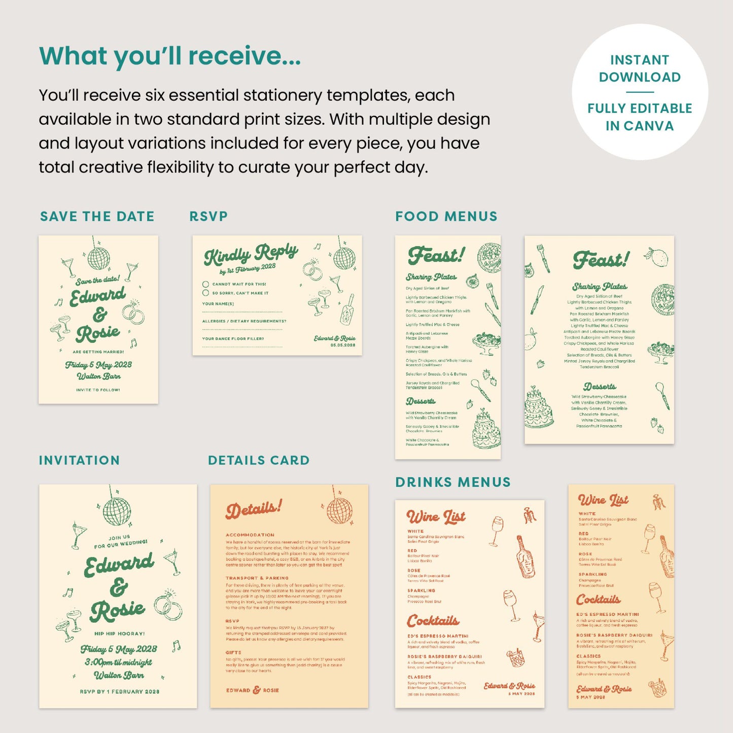 Mid Century Modern Wedding Stationery, City Pub Industrial Retro, Canva Editable, Digital Download