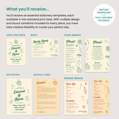 Mid Century Modern Wedding Stationery, City Pub Industrial Retro, Canva Editable, Digital Download