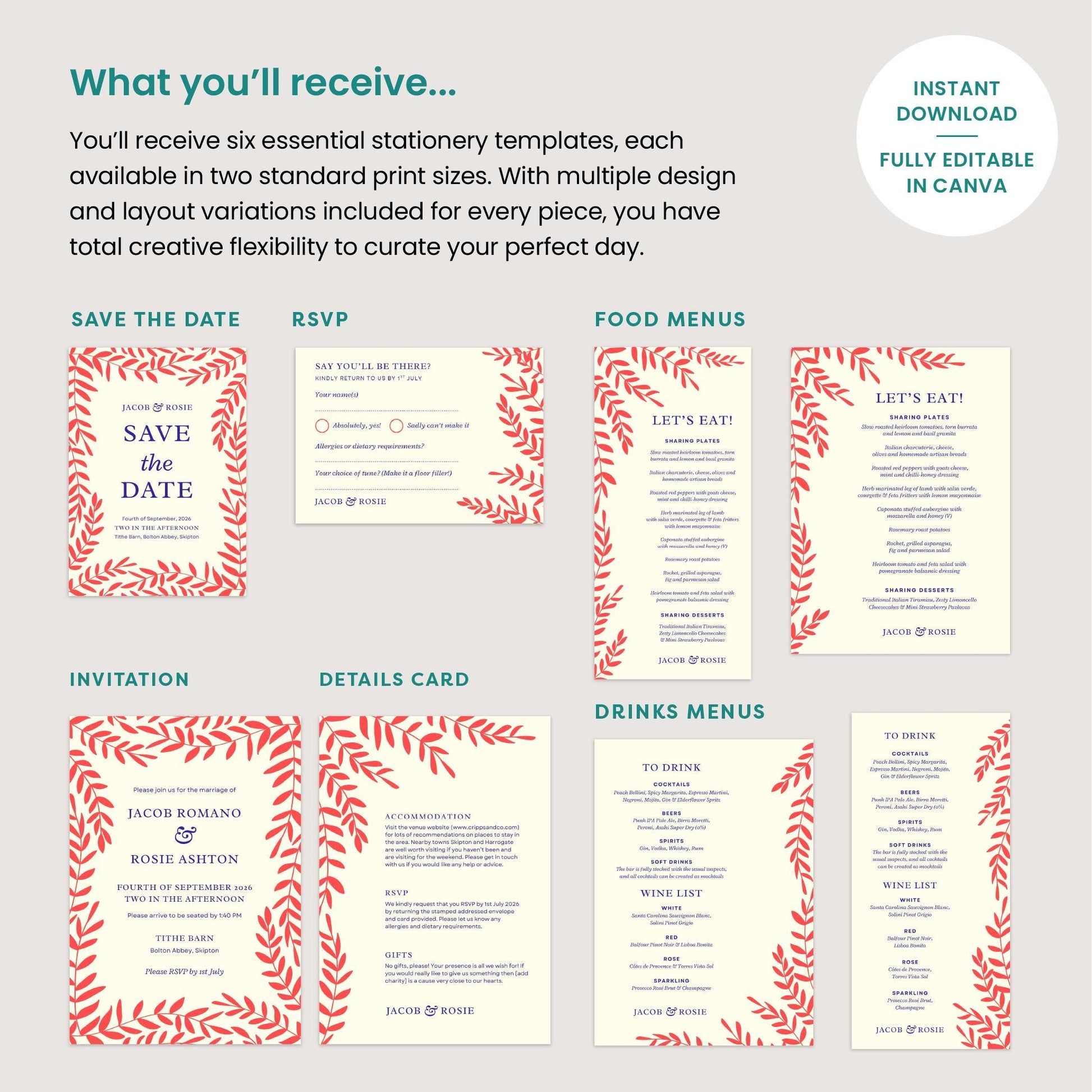 Autumnal Foliage Editable Wedding Suite, Rustic Canva Template, Digital Download