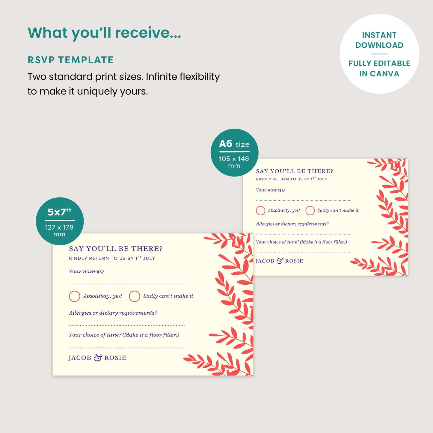 Editable RSVP Card, Autumn Winter Wedding, Canva Template, Rustic Foliage, Digital Download