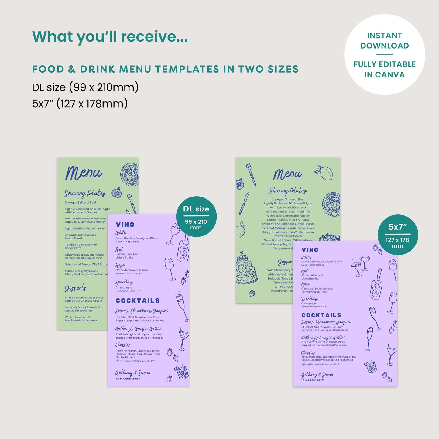 Wedding Food and Drinks Menus, Cocktail Wine List, Retro Wedding, Canva Template Digital Download