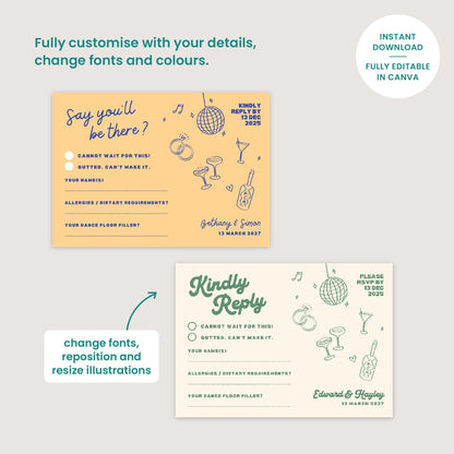 Illustrated RSVP Card, Digital Download, Whimsical Illustrations, Relaxed Wedding, Festival Vibe, Canva Template