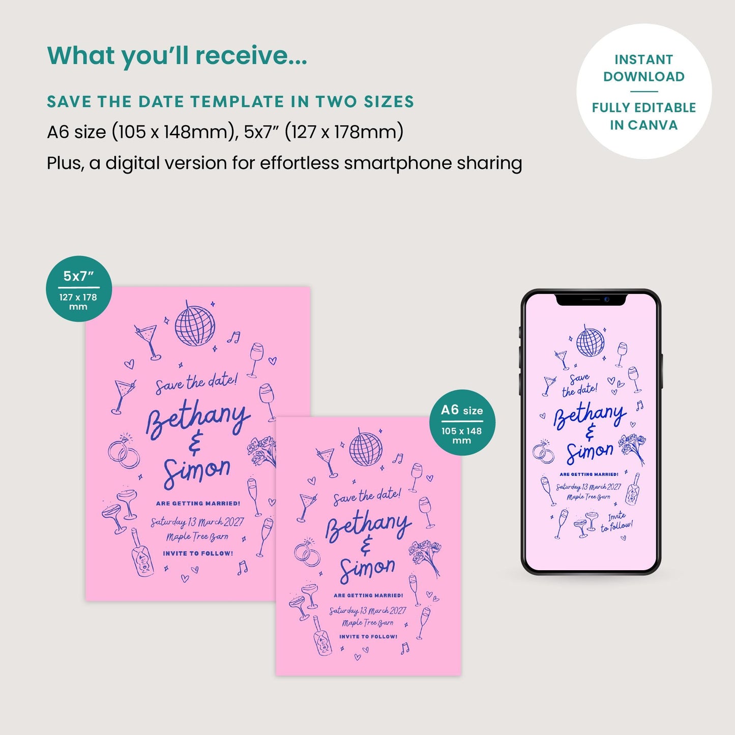 Wedding Save The Date, Digital Download, Hand drawn Illustrations, Disco Ball, Cocktails, Canva Template