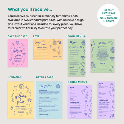 Illustrated Wedding Invitation Template Bundle, Retro Candy Coloured, Canva Editable, Digital Download
