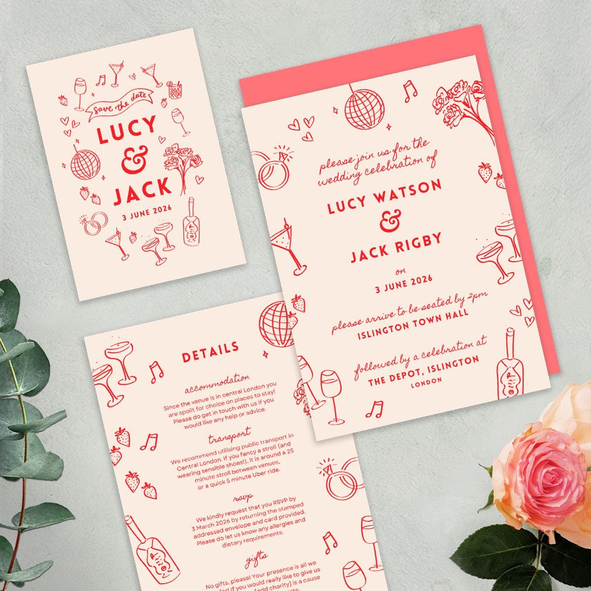 Editable Illustrated Wedding Suite, Invitations, Save the Date, Menus, Informal Vibe, Canva Template, Digital Download