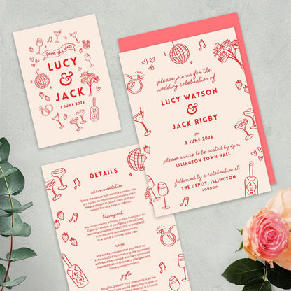 Editable Illustrated Wedding Suite, Invitations, Save the Date, Menus, Informal Vibe, Canva Template, Digital Download