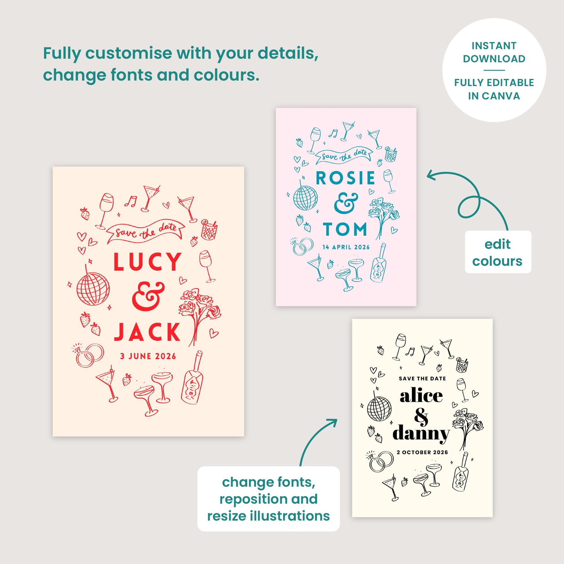 Hand Drawn Wedding Save The Date, Customisable Canva Template, Digital Download