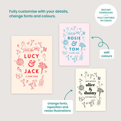 Hand Drawn Wedding Save The Date, Customisable Canva Template, Digital Download