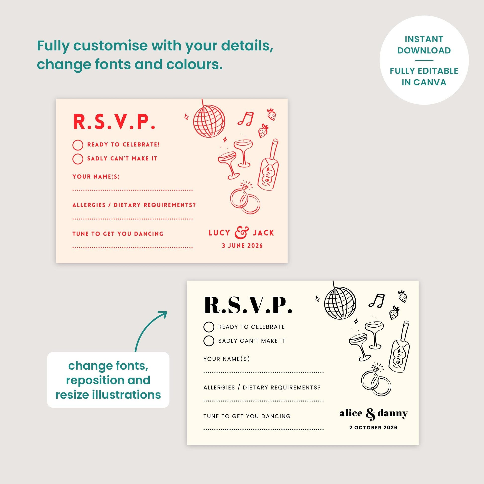 Editable Illustrated RSVP Template, Hand Drawn Disco Ball Illustration, Canva Template