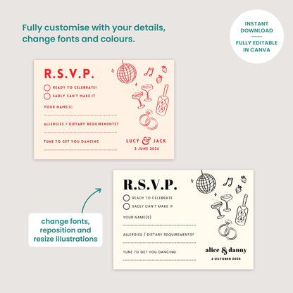 Editable Illustrated RSVP Template, Hand Drawn Disco Ball Illustration, Canva Template