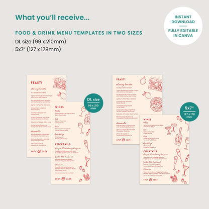 Editable Wedding Menus, Customisable Wine Cocktail List, Food Illustrations, Canva Template