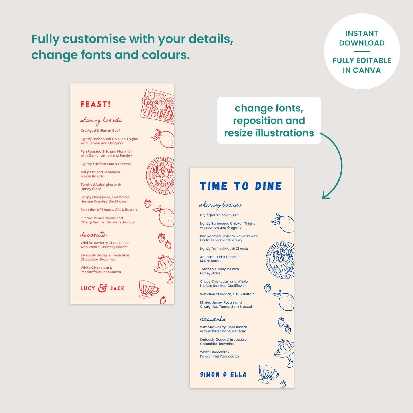 Editable Wedding Menus, Customisable Wine Cocktail List, Food Illustrations, Canva Template