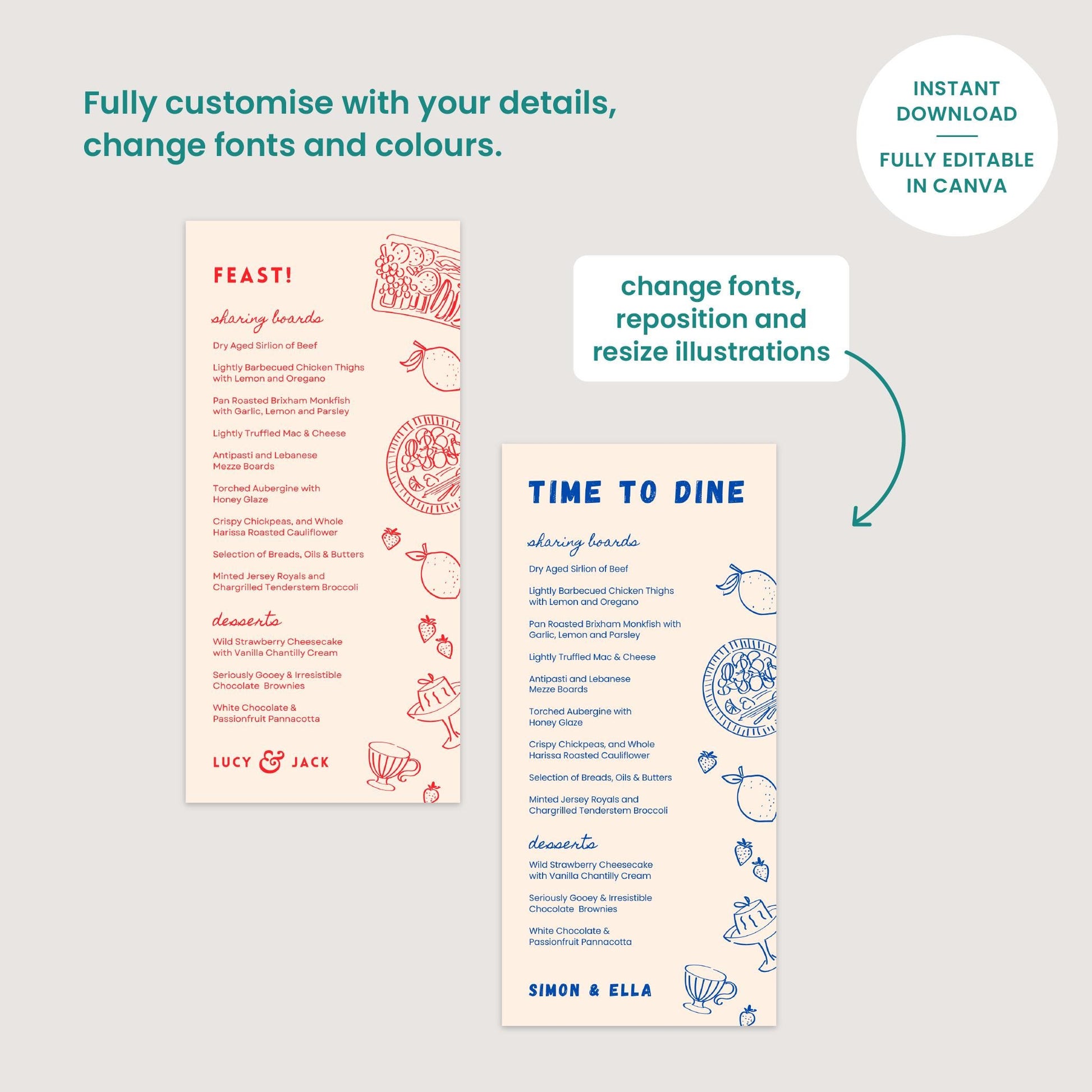 Editable Wedding Menus, Customisable Wine Cocktail List, Food Illustrations, Canva Template