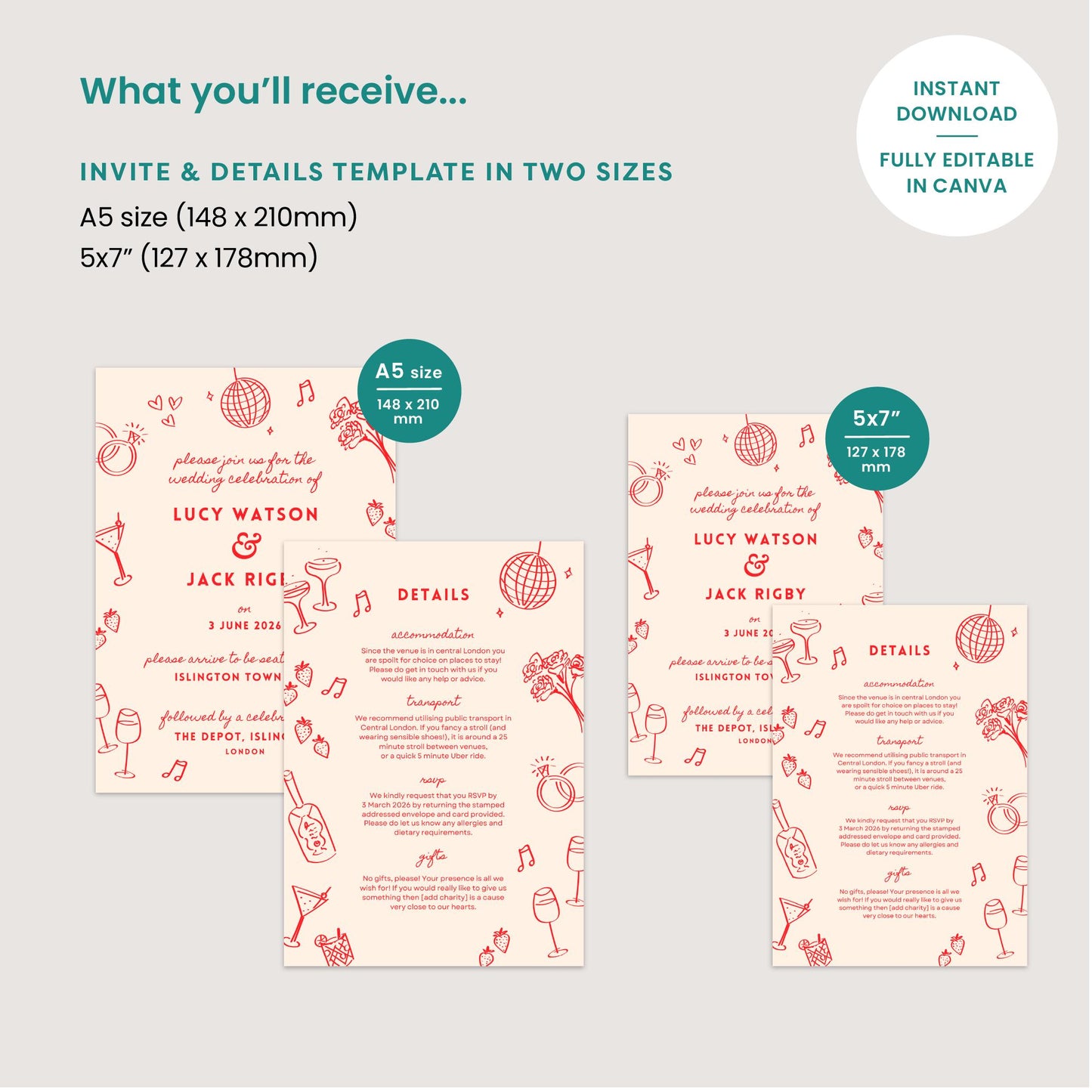 Illustrated Wedding Invites, Information Card, Hand Drawn, Canva Template, Digital Download