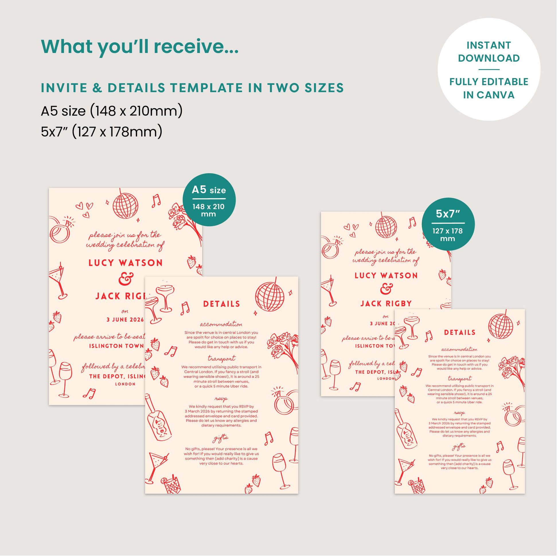 Illustrated Wedding Invites, Information Card, Hand Drawn, Canva Template, Digital Download
