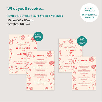 Illustrated Wedding Invites, Information Card, Hand Drawn, Canva Template, Digital Download