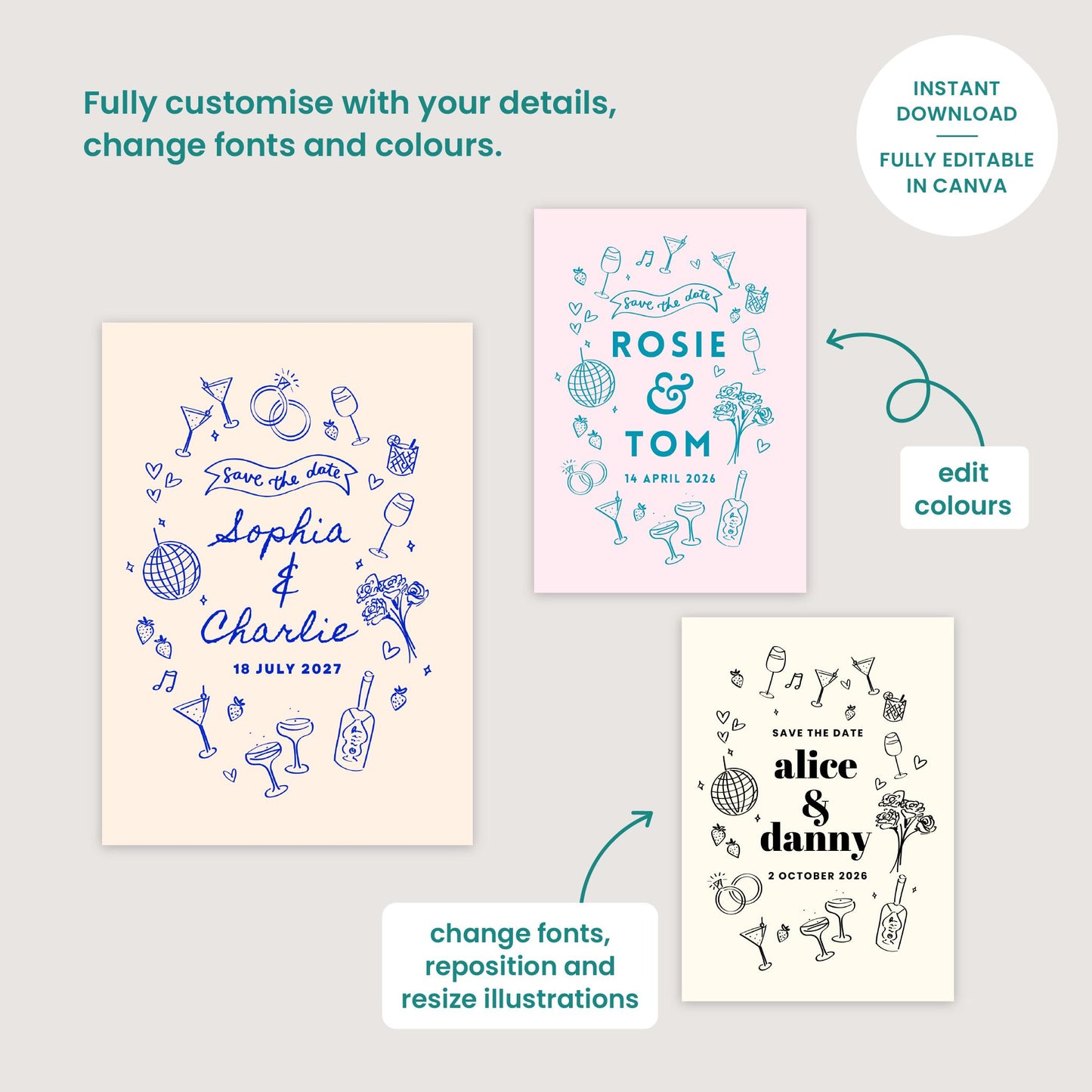 Editable Save The Date, Digital Download, Hand Drawn Illustration, Relaxed Wedding, Canva Template