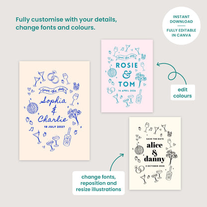 Editable Save The Date, Digital Download, Hand Drawn Illustration, Relaxed Wedding, Canva Template