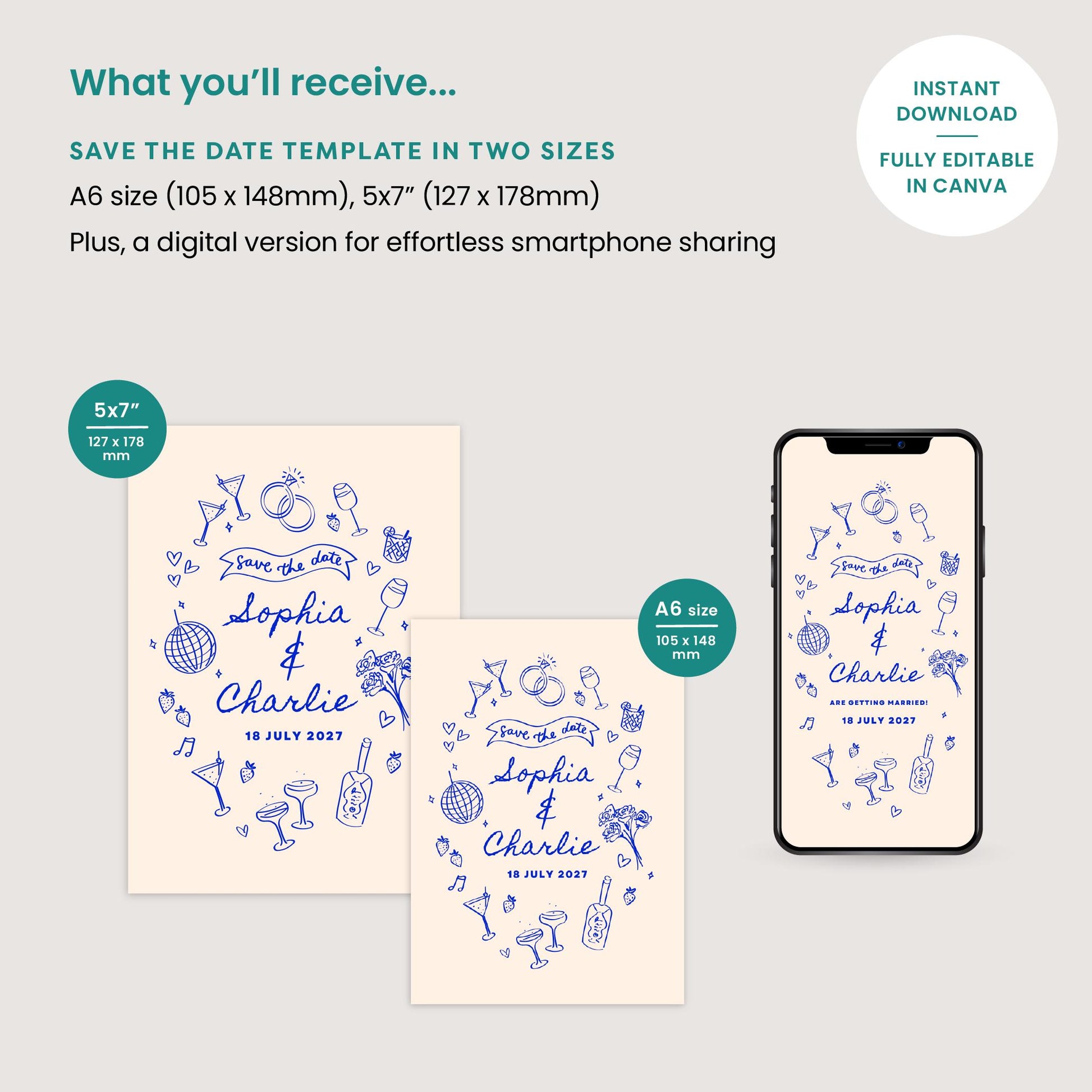 Editable Save The Date, Digital Download, Hand Drawn Illustration, Relaxed Wedding, Canva Template