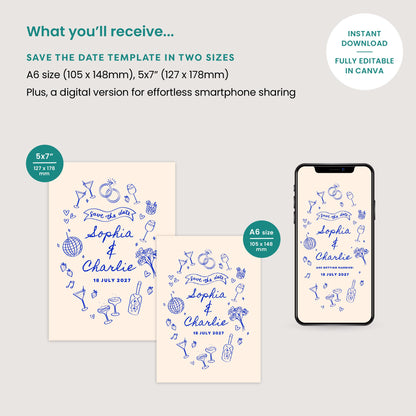 Editable Save The Date, Digital Download, Hand Drawn Illustration, Relaxed Wedding, Canva Template