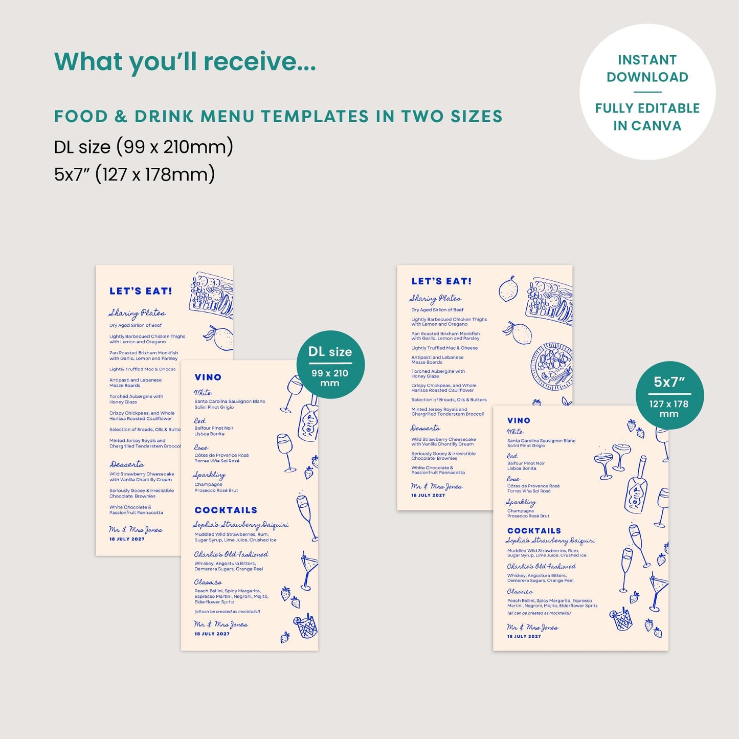 Wedding Food Menus Relaxed Canva Template Digital Download
