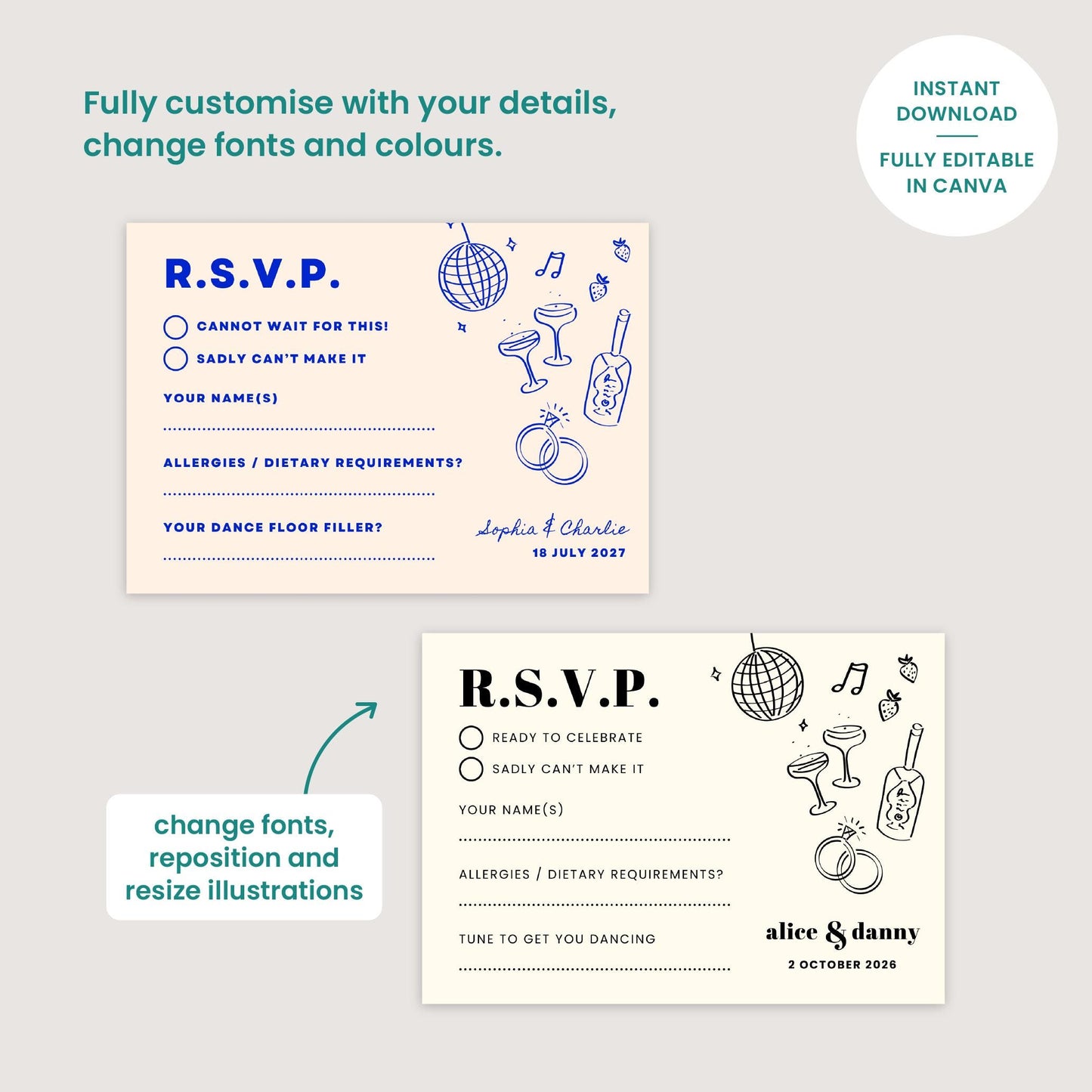 RSVP Card, Digital Download, Hand Drawn Illustration, Relaxed Vibe Wedding, Canva Template