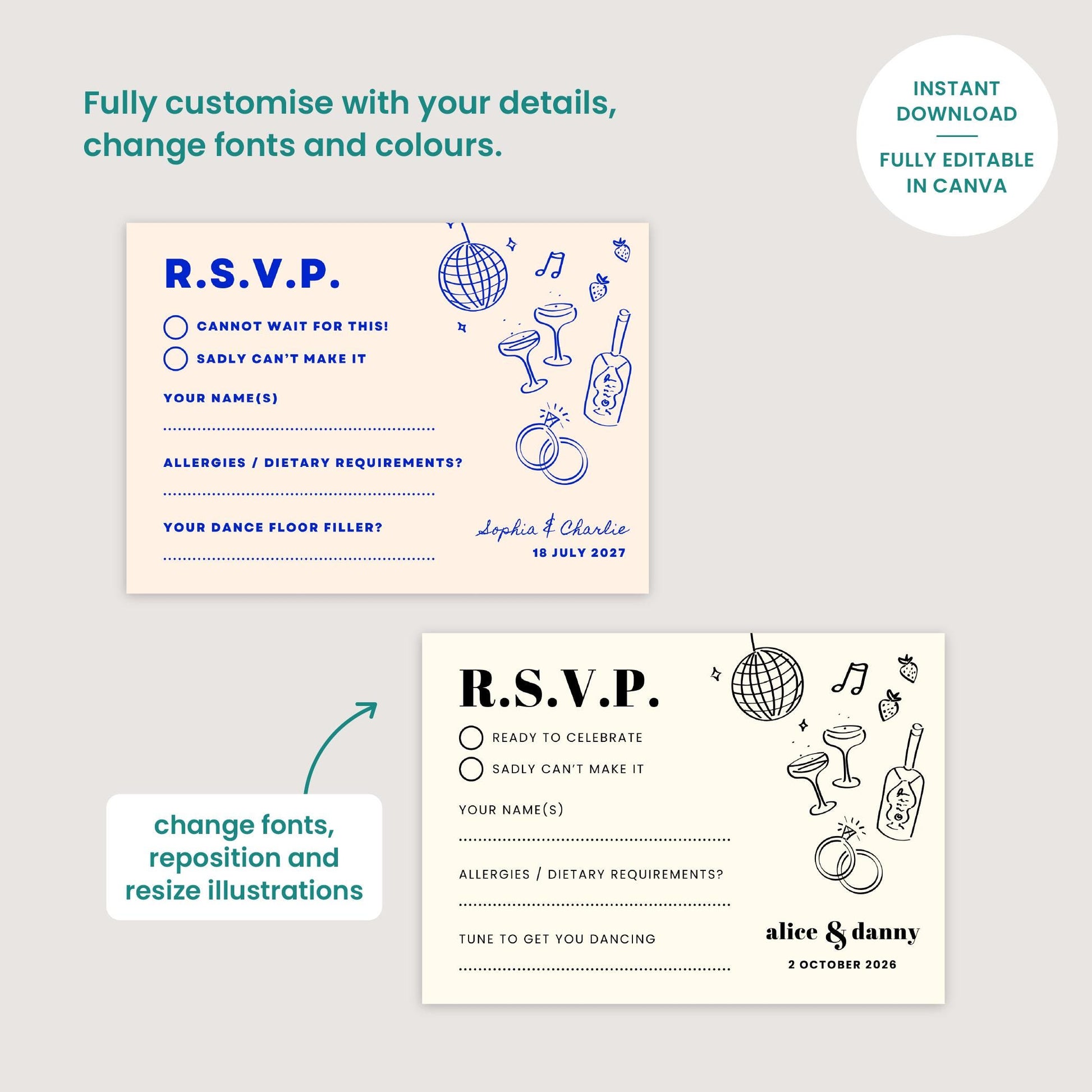 RSVP Card, Digital Download, Hand Drawn Illustration, Relaxed Vibe Wedding, Canva Template