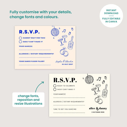 RSVP Card, Digital Download, Hand Drawn Illustration, Relaxed Vibe Wedding, Canva Template