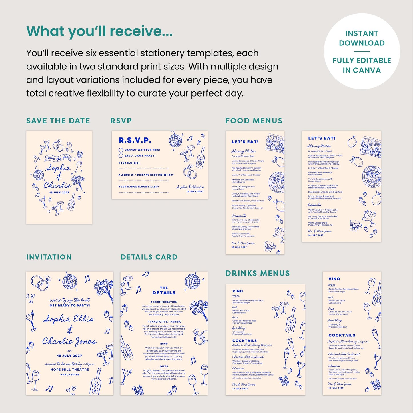 Editable Wedding Stationery Suite, Relaxed Vibe, Electric Blue, Canva Template