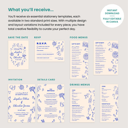 Editable Wedding Stationery Suite, Relaxed Vibe, Electric Blue, Canva Template